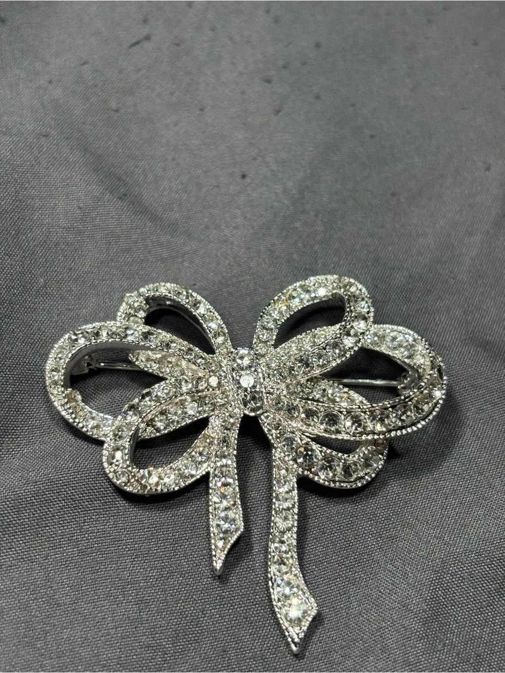 New Napier Rhinestone Bow Brooch Pin - Silver Crystal Accent
